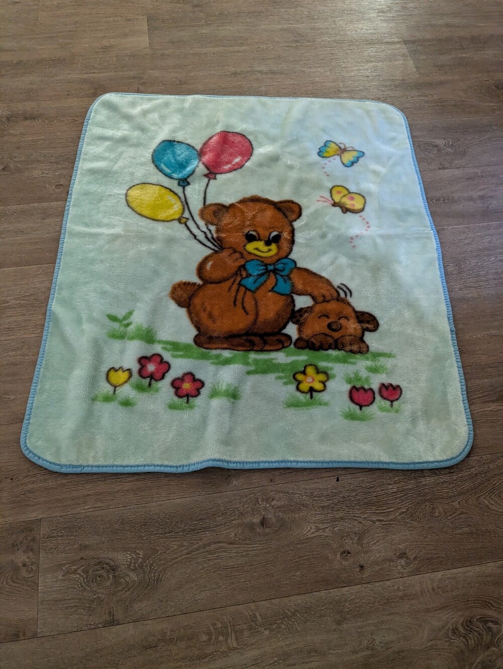 Vintage 80's Light Blue Reversible Baby Blanket with Teddy and Balloon Print